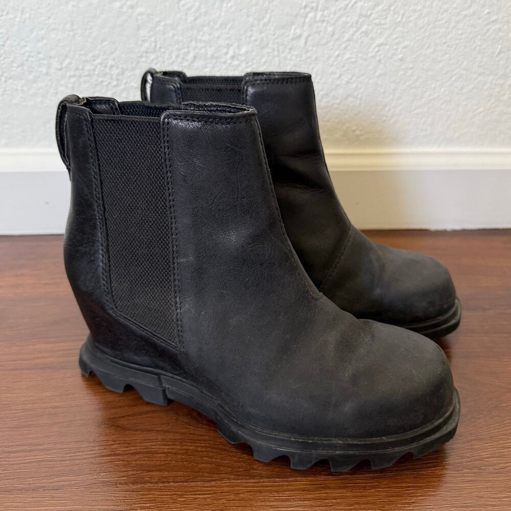 Sorel Joan Of Arctic Wedge III Chelsea Ankle Boots Black Sea Salt Leather Sz 7